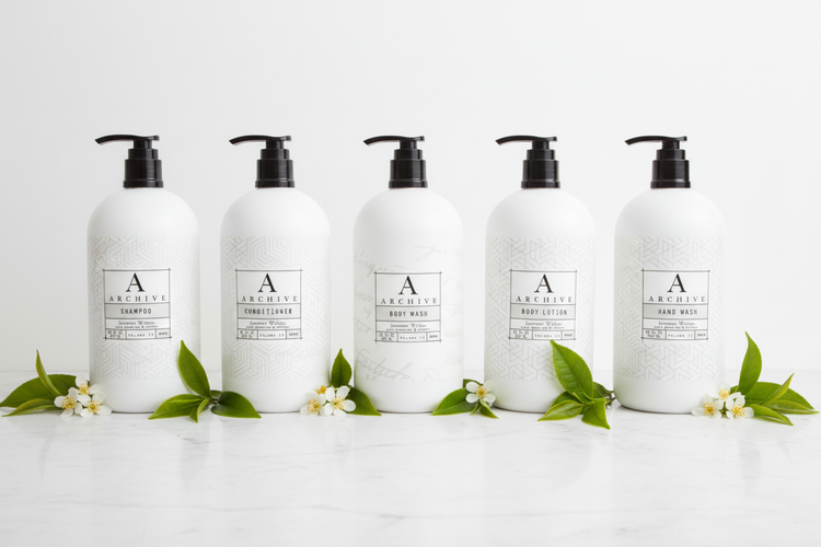 Archive Journey Within luxury hotel bath collection — shampoo, conditioner, body wash, body lotion, and hand wash with green tea and willow scent, used at Sonesta Hotels & Resorts, by Gilchrist & Soames