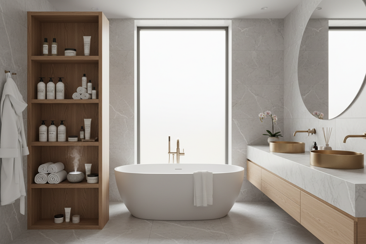 Luxury hotel amenity solutions showcased in a modern bathroom with a freestanding tub and elegant amenities.