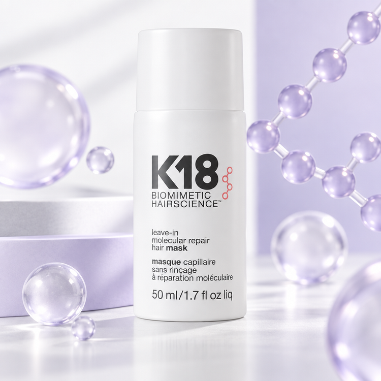 K18 brand image with the leave-in molecular repair mask bottle