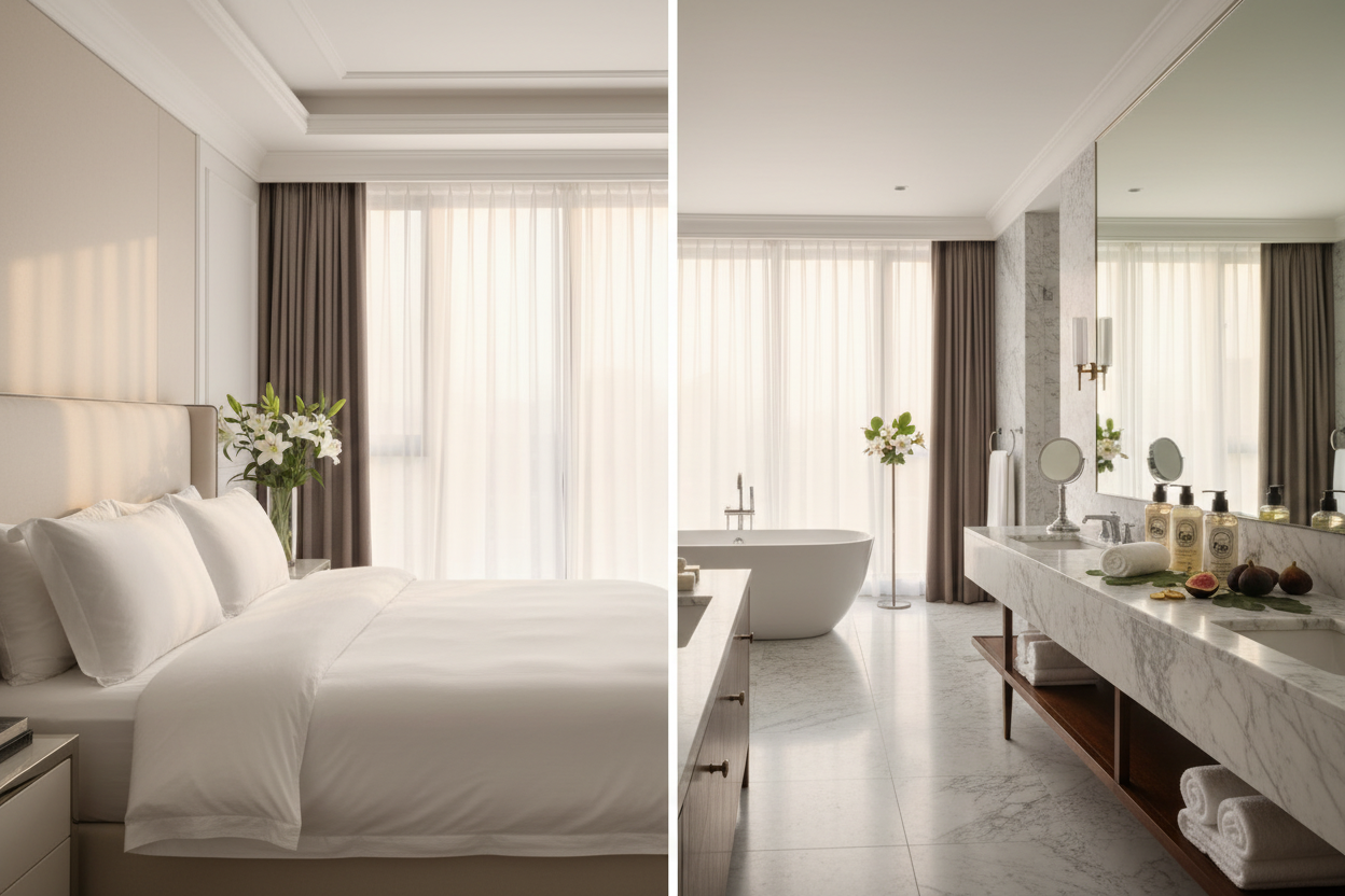 Luxury Bed & Bath Set Collection — king bed with white hotel pillows on the left and luxury bath and body products on a marble vanity on the right, elegant home lifestyle photography