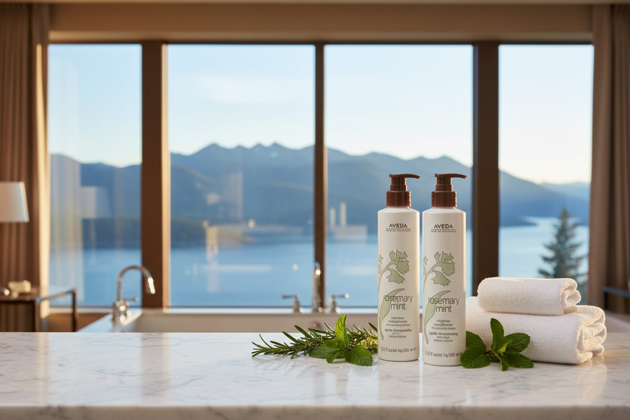 Aveda Rosemary Mint luxury hotel hair care collection — plant-based, vegan shampoo and conditioner used at Renaissance Hotels by Marriott, featuring organic rosemary, peppermint, and spearmint