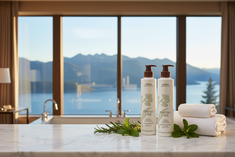 Aveda Rosemary Mint luxury hotel hair care collection — plant-based, vegan shampoo and conditioner used at Renaissance Hotels by Marriott, featuring organic rosemary, peppermint, and spearmint