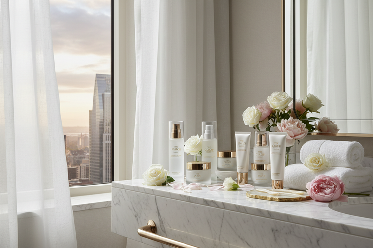 Luxury hotel skincare products displayed in a stylish bathroom with flowers and towels.