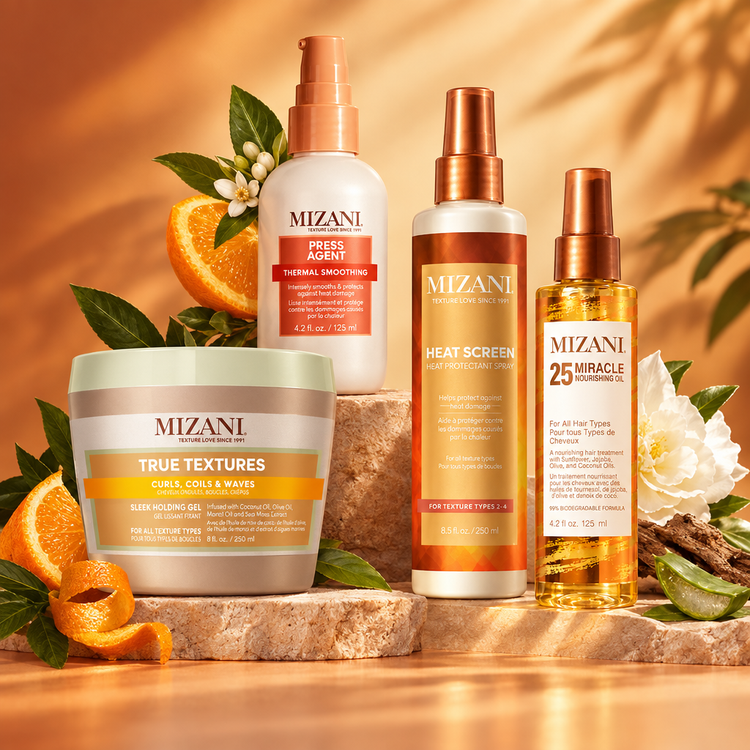 Mizani brand collage with the four product photos on a warm orange and gold background
