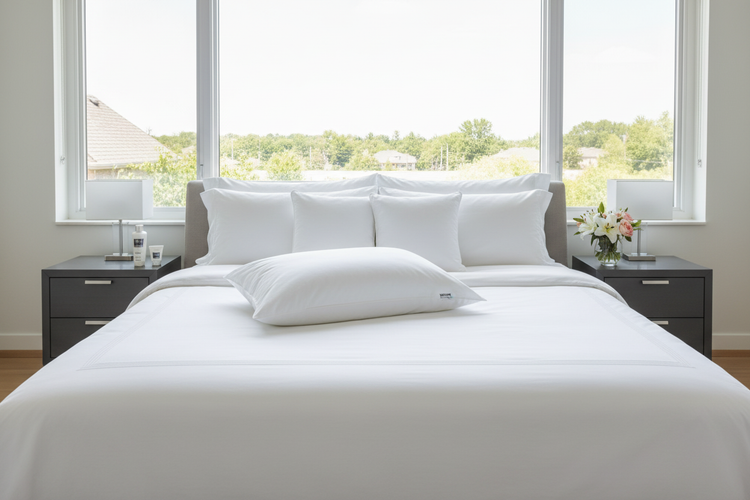 A modern bedroom scene featuring W Hotel luxury bath products, including plush pillows and elegant decor.