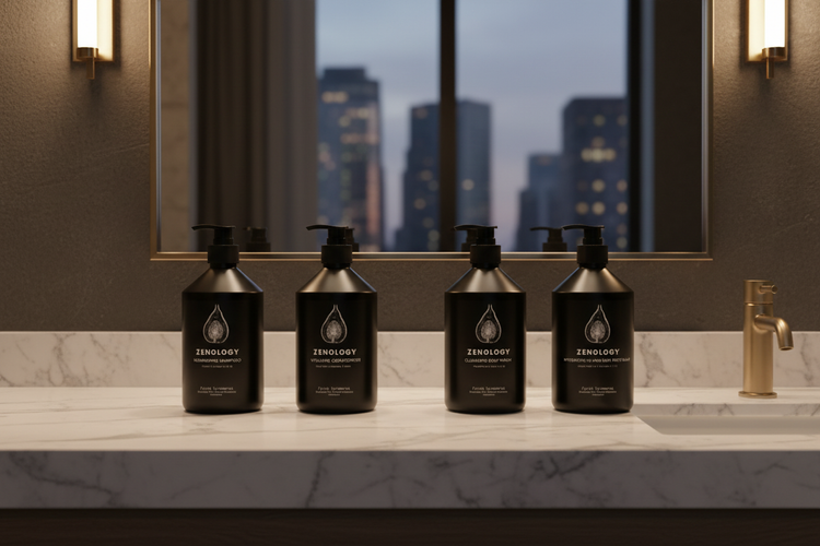 Zenology luxury hotel hair and body care collection — Sycamore Fig shampoo, conditioner, body wash, and hand & body balm as found in Hotel Indigo rooms worldwide