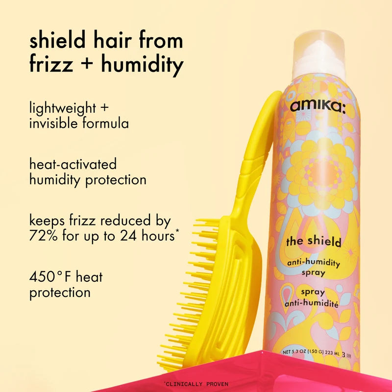 amika the shield benefits graphic showing 24-hour humidity and frizz protection and 450°F heat defense