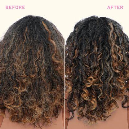 curly hair before and after using amika the shield for smoother, more defined curls in humidity