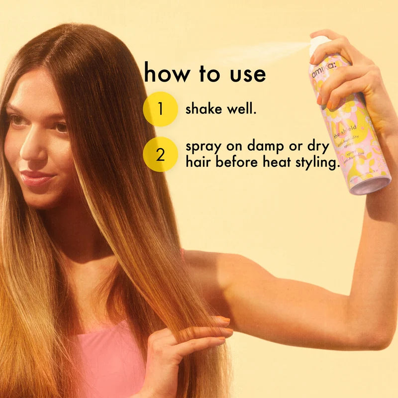 how to use amika the shield: shake and spray on damp or dry hair before heat styling