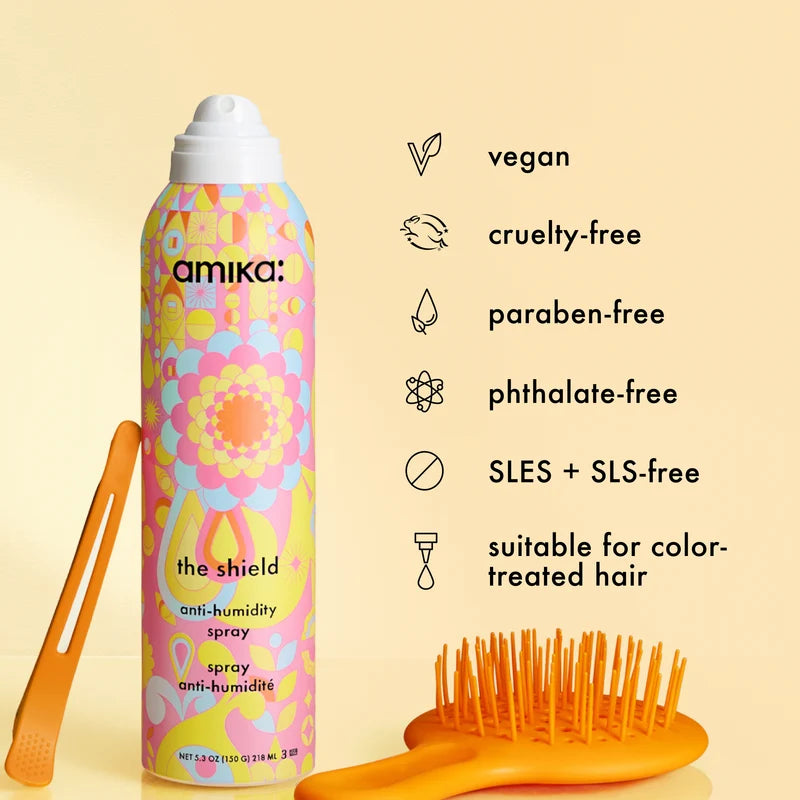 amika the shield bottle with vegan, cruelty-free and color-treated hair suitability information
