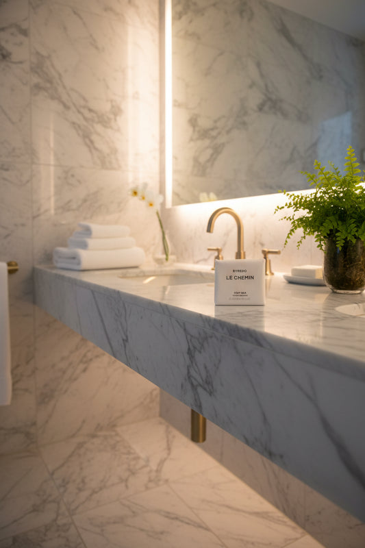 A single Byredo Le Chemin soap bar wrapped in white paper packaging, placed on a dark wooden surface.