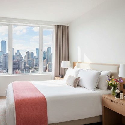 4. Hotel - coral/pink throw, VIEWS, pillow visible