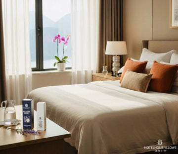 IHG hotel bed bundle for queen in a serene bedroom setting with pillows and lavender sleep spray.