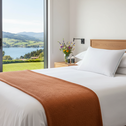 6. Home - orange/mauve throw, VIEWS, pillow visible