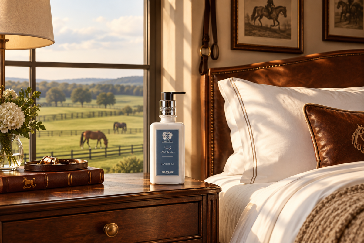 Antica Farmacista Santorini Body Lotion on night stand with a view at a Equestrian Resort.