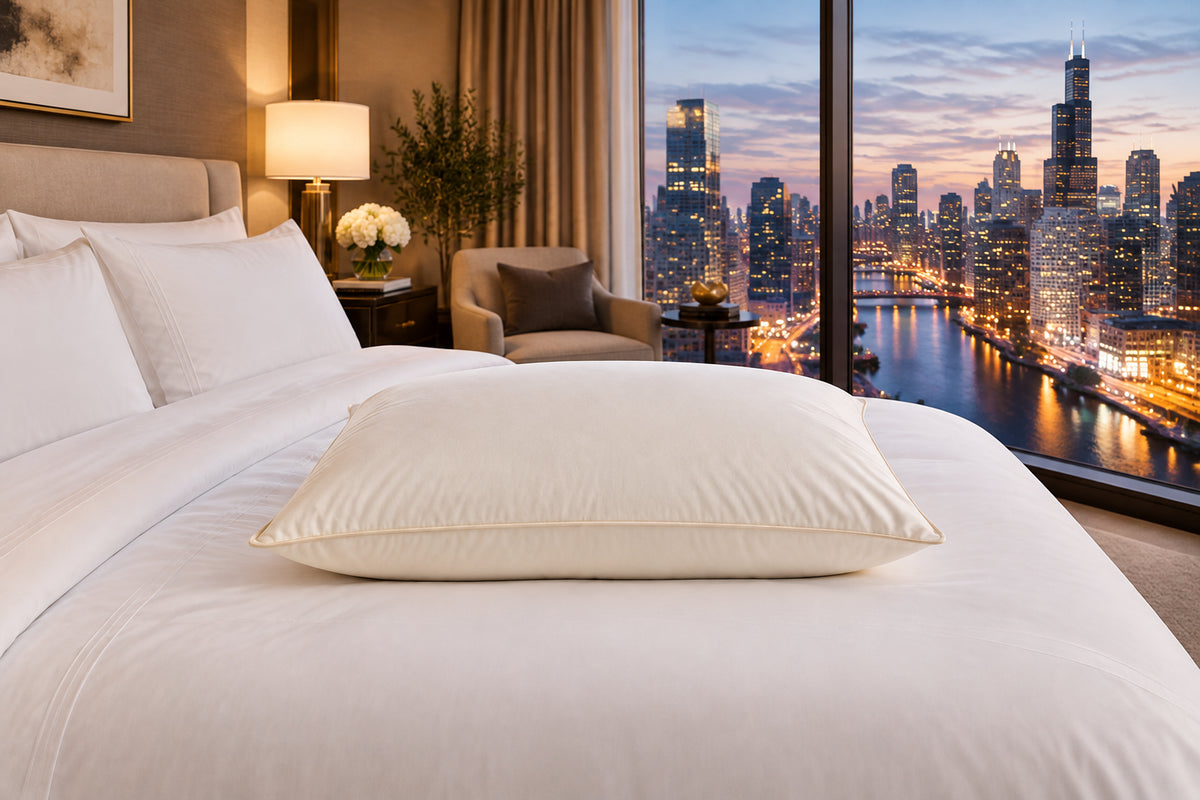 Down Etc Aaua Plush firm pillow laying on bed over looking city in luxury condo bedroom 
