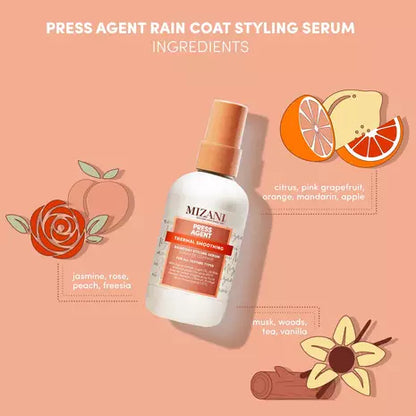 Mizani Press Agent Raincoat Styling Serum bottle with illustrated citrus and botanical elements in a fragrance-themed graphic.