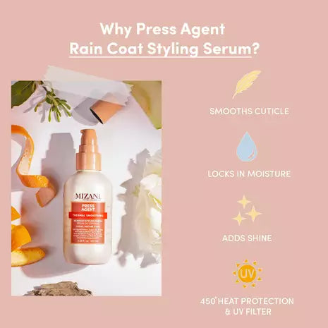 Mizani Press Agent Raincoat Styling Serum benefit graphic describing smoother cuticles, moisture, shine, and heat protection up to 450°F with a UV filter.