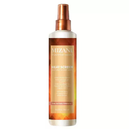 Front view of the Mizani Heat Screen Hair Protectant Spray bottle with an orange cap and gold-orange label.