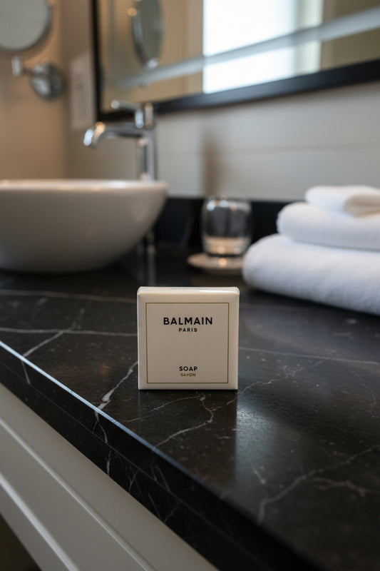Balmain Paris Bar Soap in luxury air bnb bathroom 