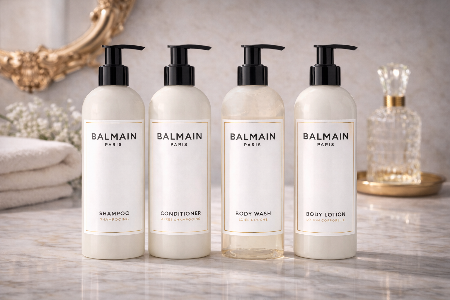 Balmain Paris Luxury Bath& Body Set featuring shampoo, conditioner, body wash, and body lotion on a marble surface.