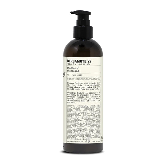 Le Labo Bergamote 22 Shampoo bottle with pump, enriched with Vitamin E and Aloe Vera.