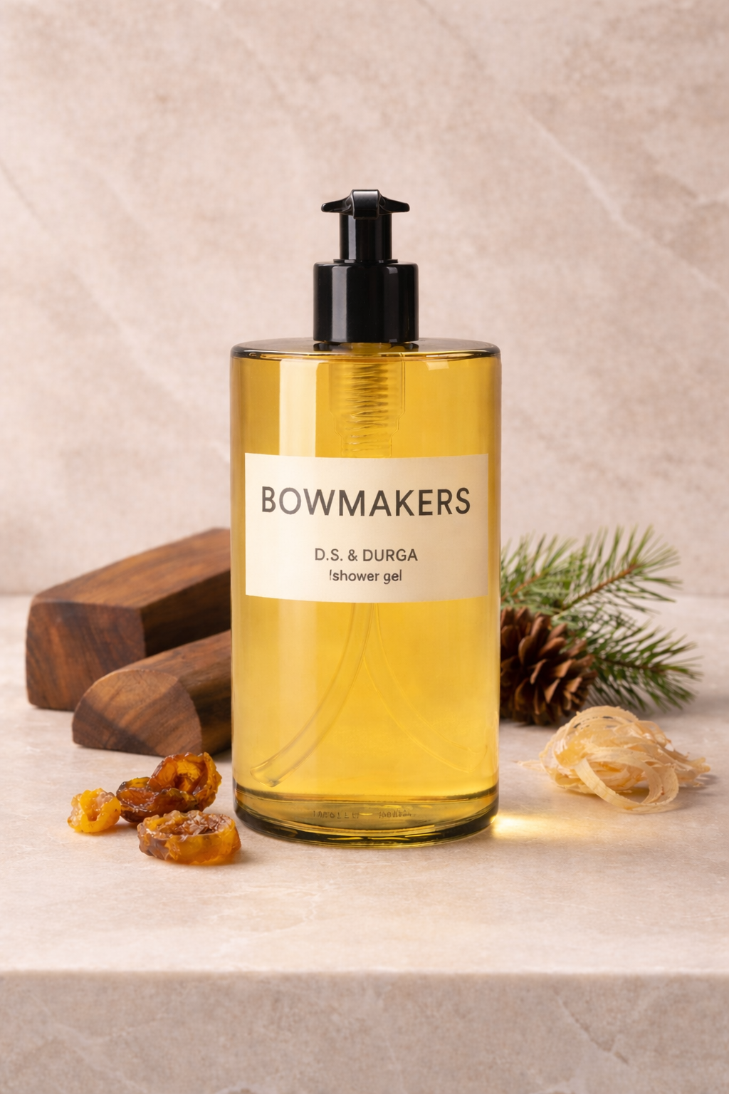 D.S. & Durga Bowmakers Shower Gel bottle with warm resinous fragrance and natural elements.