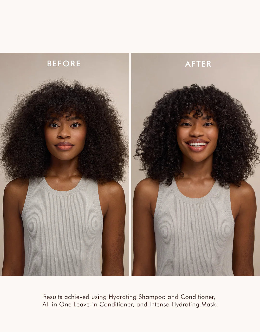 Before-and-after image of curly hair with a caption stating results were achieved using Moroccanoil Hydrating Shampoo and Conditioner, All in One Leave-in Conditioner, and Intense Hydrating Mask.
