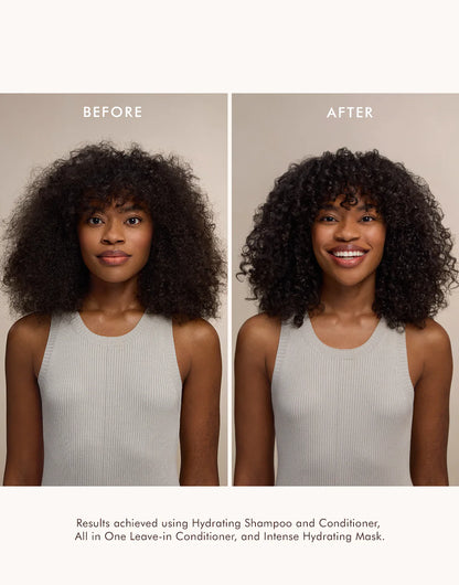 Before-and-after image of curly hair with a caption stating results were achieved using Moroccanoil Hydrating Shampoo and Conditioner, All in One Leave-in Conditioner, and Intense Hydrating Mask.