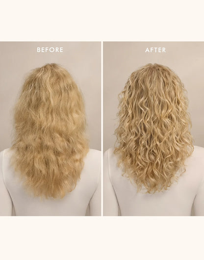 Side-by-side before and after photo showing blonde hair texture and curl definition; individual results may vary