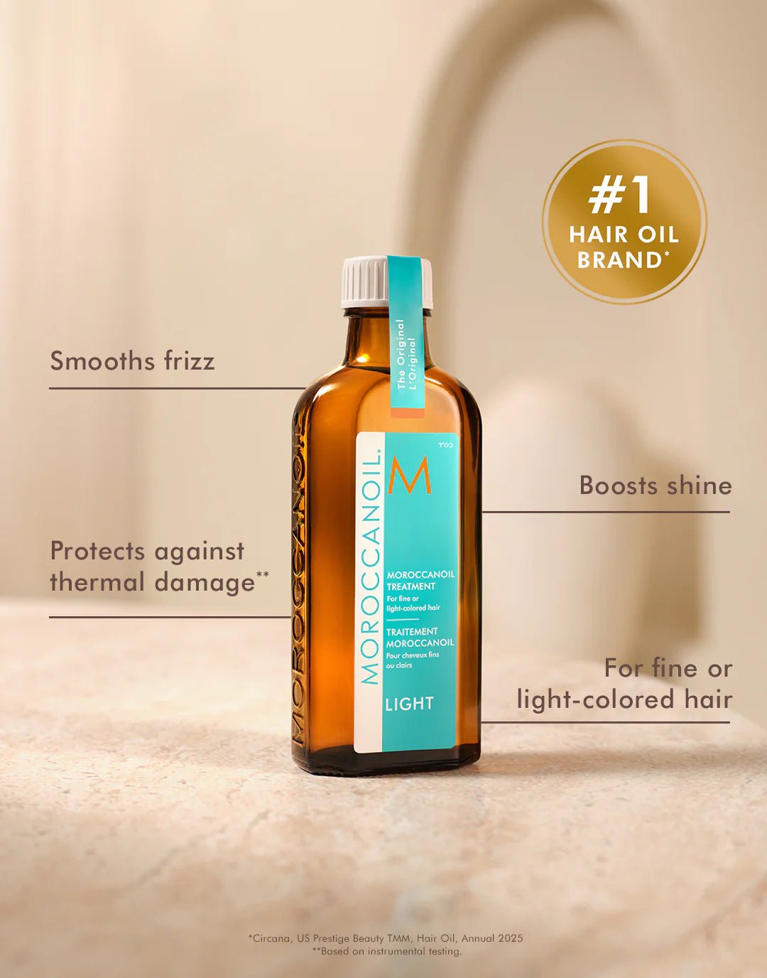 Promotional graphic for Moroccanoil Treatment Light with callouts for smoothing frizz, boosting shine, protecting against thermal damage, and use on fine or light-colored hair.
