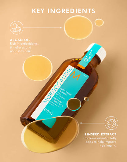 Moroccanoil Treatment Light amber bottle beside ingredient callouts for argan oil and linseed extract, with golden oil droplets on a warm background.