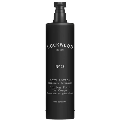 Lockwood New York Body Lotion No23 with Rosemary Geranium, 15 fl oz, elegant packaging for sensitive skin care.