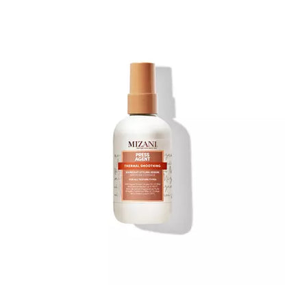 Front view of the white Mizani Press Agent Thermal Smoothing Raincoat Styling Serum bottle with an orange pump and matching orange label.