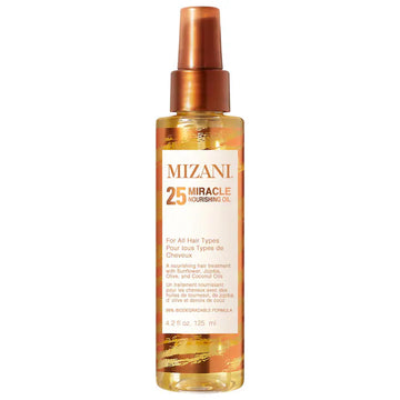 Front view of the Mizani 25 Miracle Nourishing Oil bottle, an amber-toned 4.2 fl oz / 125 mL spray bottle with a copper-colored pump and white label.