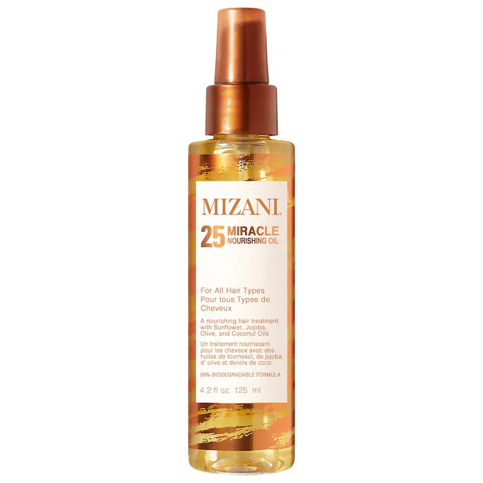 Front view of the Mizani 25 Miracle Nourishing Oil bottle, an amber-toned 4.2 fl oz / 125 mL spray bottle with a copper-colored pump and white label.