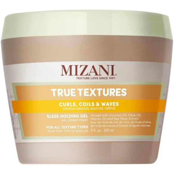 Front view of the 8 oz Mizani True Textures Sleek Holding Gel jar, with a pale green lid and orange-and-gold label for curls, coils, and waves.