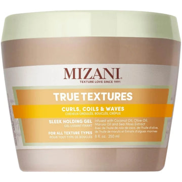 Front view of the 8 oz Mizani True Textures Sleek Holding Gel jar, with a pale green lid and orange-and-gold label for curls, coils, and waves.