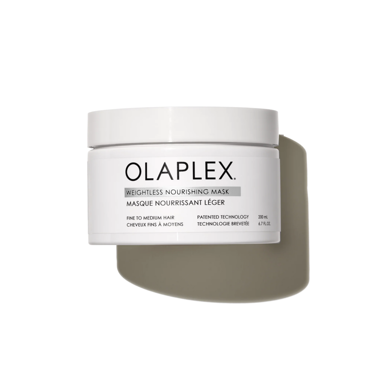 OLAPLEX Weightless Nourishing Mask information showing free-from ingredients, vegan formula, and color-safe claim