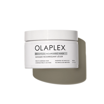 OLAPLEX Weightless Nourishing Mask information showing free-from ingredients, vegan formula, and color-safe claim