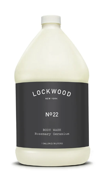 Lockwood New York shower gel refill in a 1-gallon bottle featuring Rosemary Geranium scent.