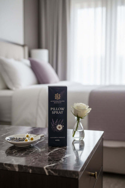 Pillow spray on table with flowers and cozy background 