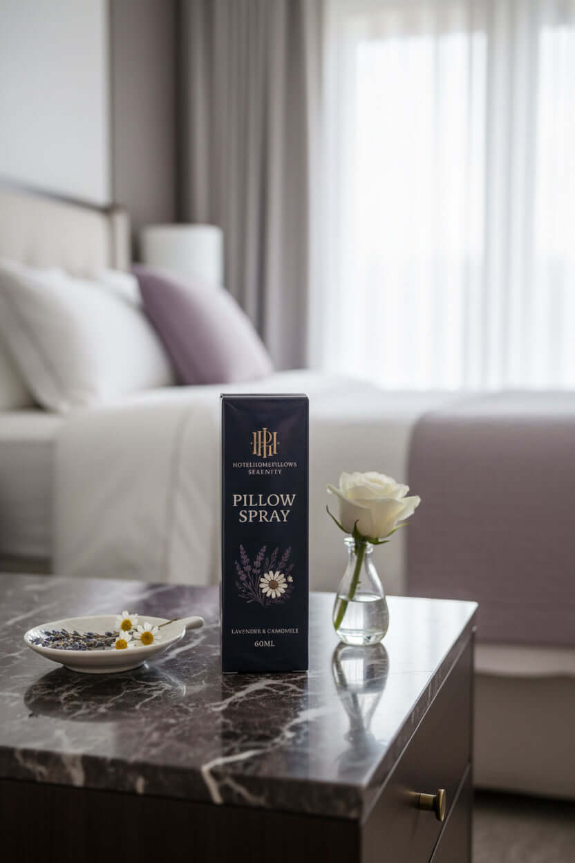 Pillow spray on table with flowers and cozy background 