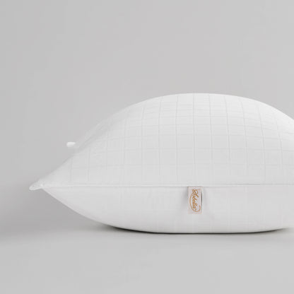 SOBELLA hypoallergenic pillow featuring a soft gel fiber fill and chic geometric box pattern in a 100% cotton cover.