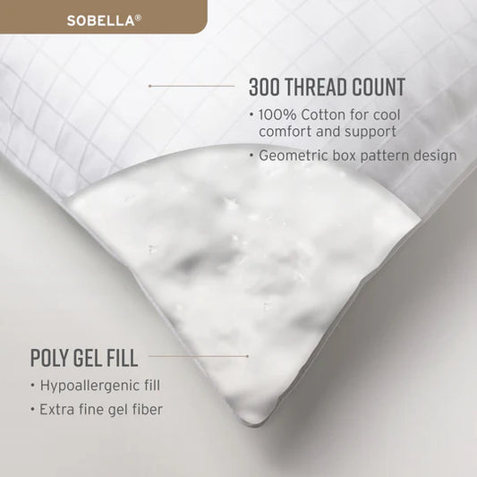 Close-up of Sobella hypoallergenic pillow with 300 thread count cotton cover and poly gel fill, featuring a geometric box pattern.