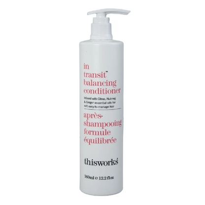 THISWORKS IN TRANSIT BALANCING CONDITIONER bottle with a pump, infused with citrus and ginger essential oils.