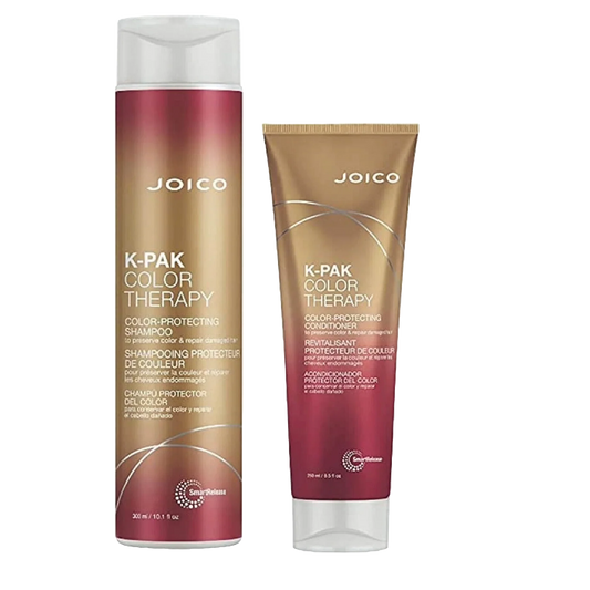 Joico K-PAK Color Therapy duo with a 10.1 oz color-protecting shampoo bottle and an 8.5 oz color-protecting conditioner tube in gold and magenta packaging.