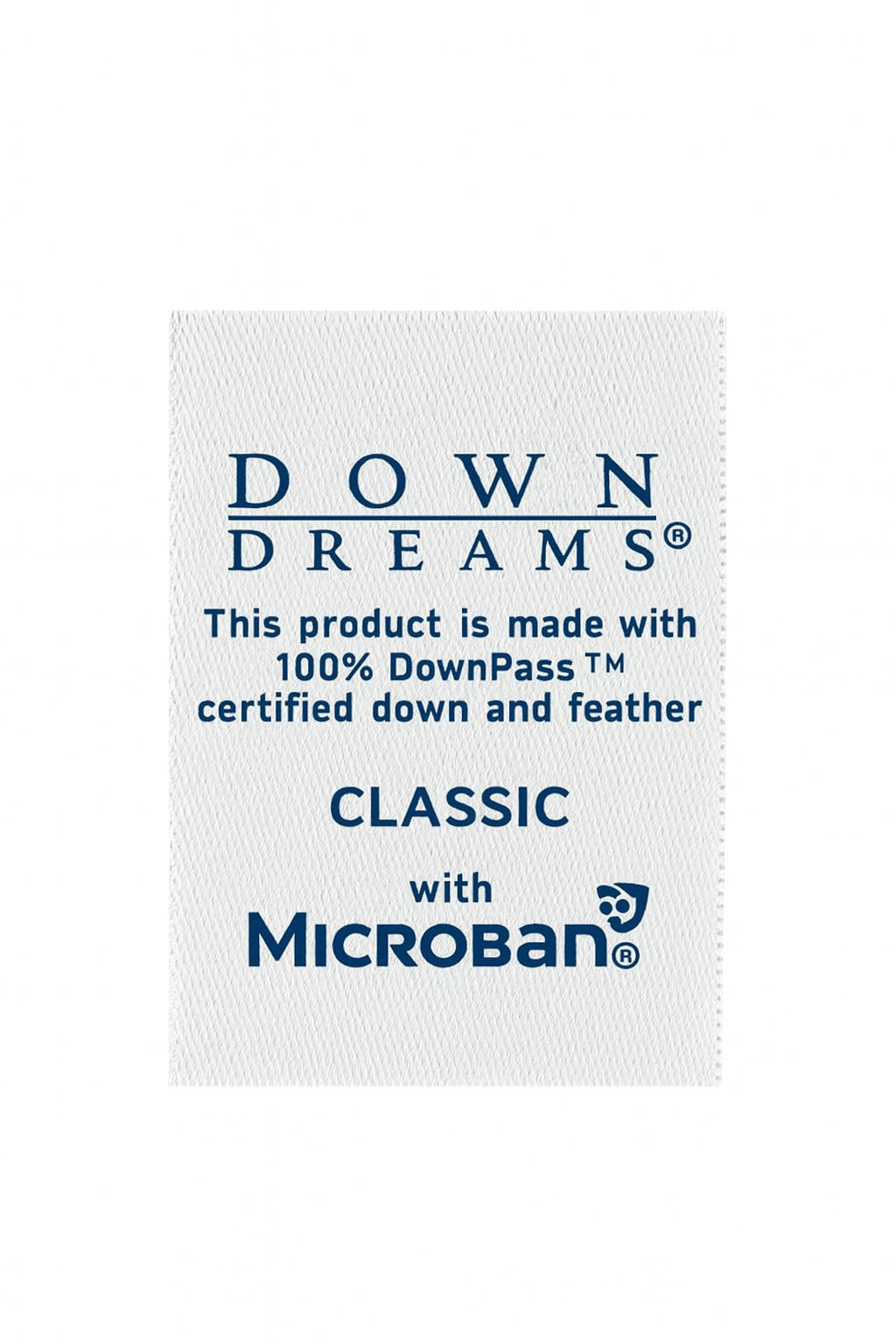 Label for 'Down Dreams' product with certification details on a white background