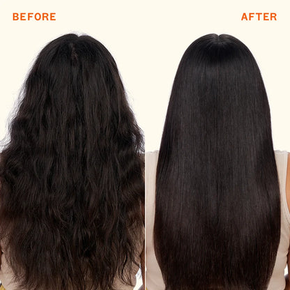 before and after dark hair styled with amika superfruit star for a smoother, shinier finish