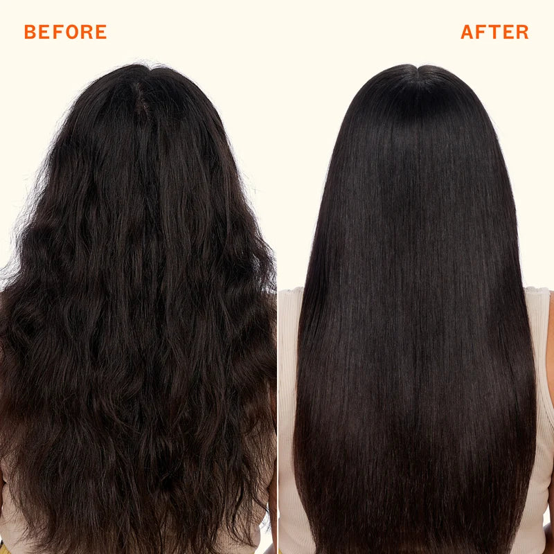 before and after dark hair styled with amika superfruit star for a smoother, shinier finish